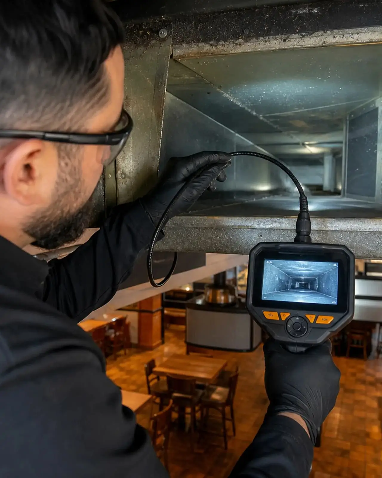 Inspectie van een luchtkanaal met een cameramonitor